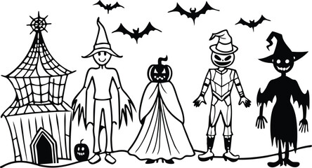 Silhouettes for the Halloween Vector illustration. Ghost, Pumpkin head with baseball bat, Cat with knife. Halloween concept. white background