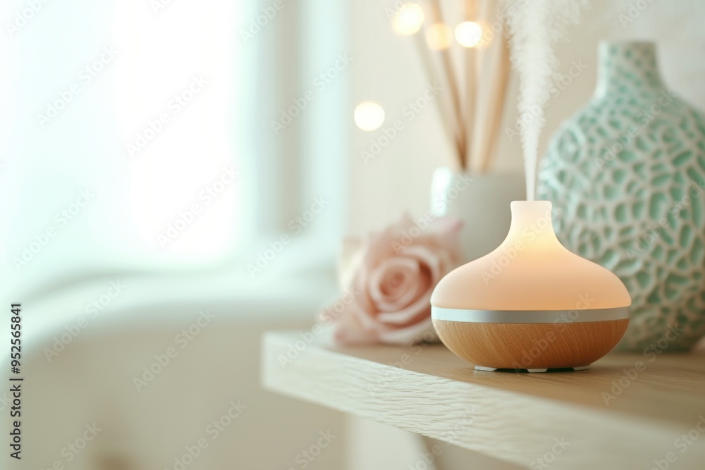 Poster a calming diffuser emitting fragrant mist, surrounded by decorative vases and soft lighting, creatin
