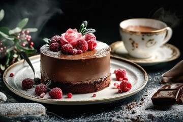 chocolate cake with raspberry and mint and a cup of coffee