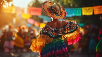 National dances in Mexico, woman in traditional bright costume. Holiday in Mexico.