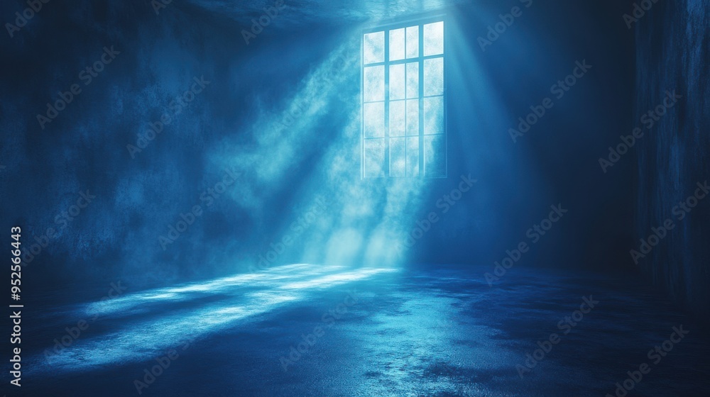 Poster 3d render of an abstract blue background with bright light streaming through a window in a dark empt