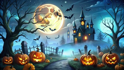 Dark, eerie Halloween scene with a full moon casting shadows over a haunted house, twisted trees, and flying bats, set against a nighttime sky