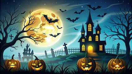 Fototapeta premium Dark, eerie Halloween scene with a full moon casting shadows over a haunted house, twisted trees, and flying bats, set against a nighttime sky