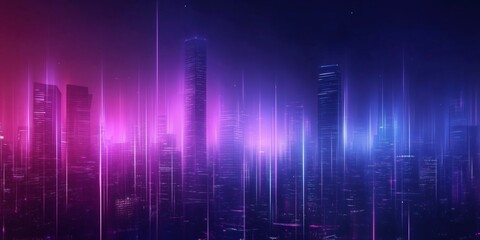 Neon city skyline at night with glowing skyscrapers in shades of purple and blue, cityscape, night scene, digital art with neon-lit skyscrapers in purple and pink hues