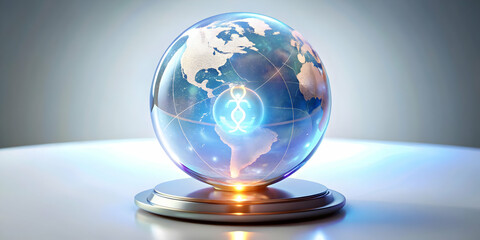 3D Holographic globe with Labh Pancham symbol and copy space concept as A floating holographic globe with the Labh Pancham symbol glowing on its surface isolated against a white background. The globe 