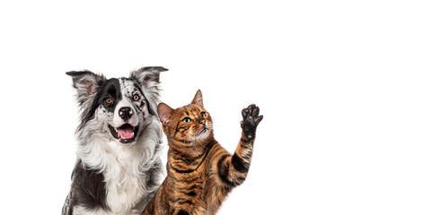 Playful border collie dog and bengal cat raising paw on white background