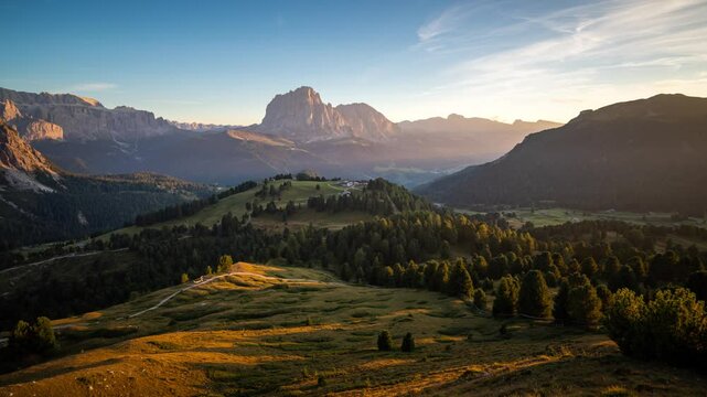 Sunset timelapse in the mountains with a panorama view of the dolomites