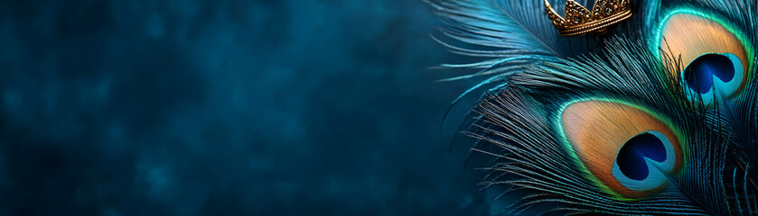 Obraz premium Peacock Feather and Crown Border Frame concept as Horizontal frame with a peacock feather on one side and a crown on the other creating an elegant and royal Dussehra themed copy space focusing on beau