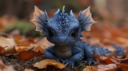 Obraz premium A small, blue dragon with orange ears sits on a bed of fall leaves, looking directly at the camera.
