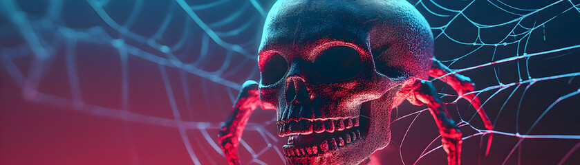 Holographic Spider Web and Skull with Fright Text concept as A vibrant glowing holographic spider web and skull with the word Fright in a bold eerie font. The design is isolated on a white balance bac