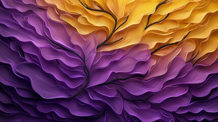 A unique seamless yellow and purple wallpaper with floral and leaf patterns, perfect for spring and summer designs.