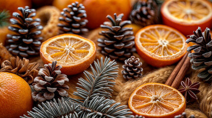 Fototapeta premium Illustration AI horizontal winter decor with pine cones and dried oranges. Graphic resources concept
