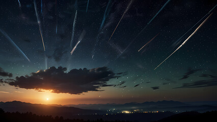 Obraz premium Abstract background illustrating multiple meteors falling towards a horizon