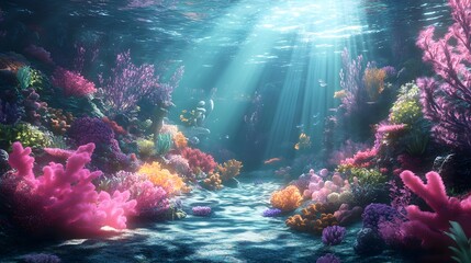 Obraz premium Underwater world filled with mermaids coral gardens and sunlight streaming through the water Vivid fantastical with vibrant colors fluid shapes realistic 3D marine life