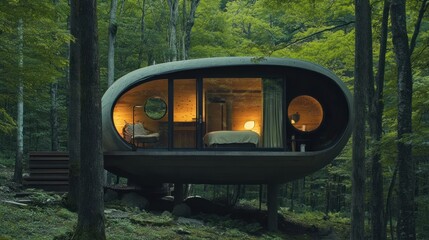 Futuristic Forest Pod - A futuristic pod-style cabin with round windows, elevated among trees in a lush forest, offering a unique, cozy retreat.