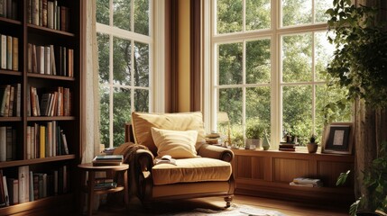 Fototapeta premium Cozy Reading Nook: A sun-drenched reading nook with a plush armchair, inviting bookshelves, and a window overlooking a lush green garden. It's a sanctuary for relaxation and literary escape. 