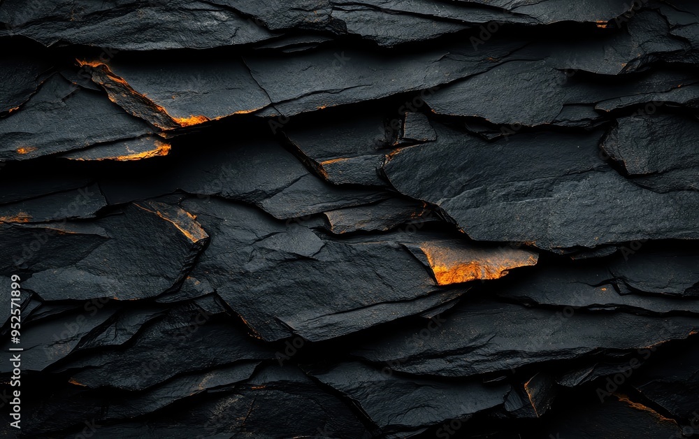 Poster a close-up view of textured black slate stone with subtle natural highlights, ideal for backgrounds 