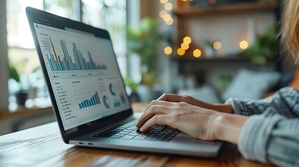 Close-up of fingers interacting with a business analytics dashboard on a laptop, the screen showing detailed charts and graphs, warm ambient light casting soft shadows, hd quality, realistic details,