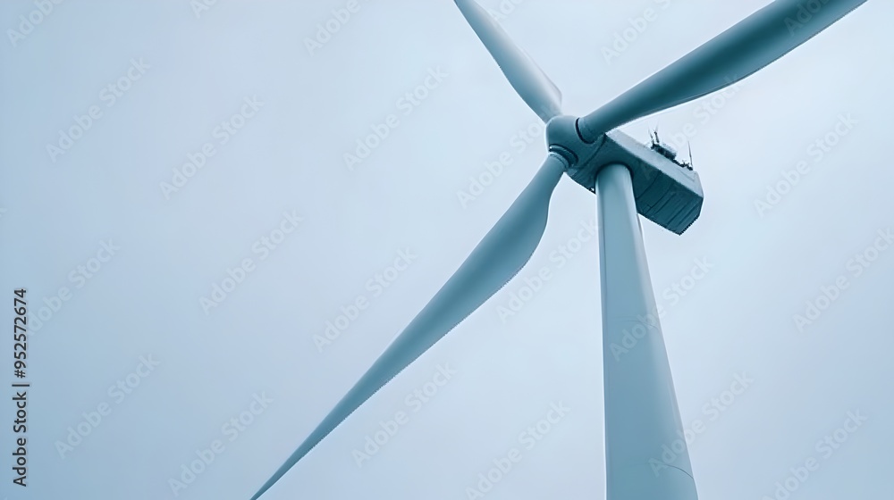 Poster closeup view of the tower of a wind turbine from below providing a clear view of the structure and o