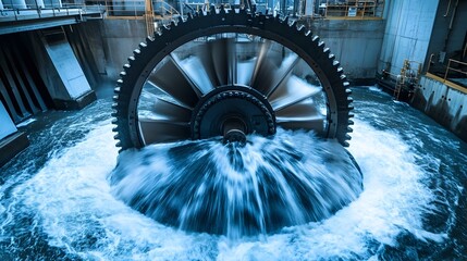 Closeup view of a spinning water turbine inside a hydroelectric power station with copy space for text or design elements