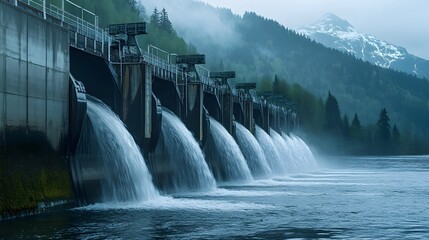 Fototapeta premium Closeup of a hydroelectric dam with rushing water flowing over the structure surrounded by picturesque mountains in the distance The image has ample copy space and an isolated background