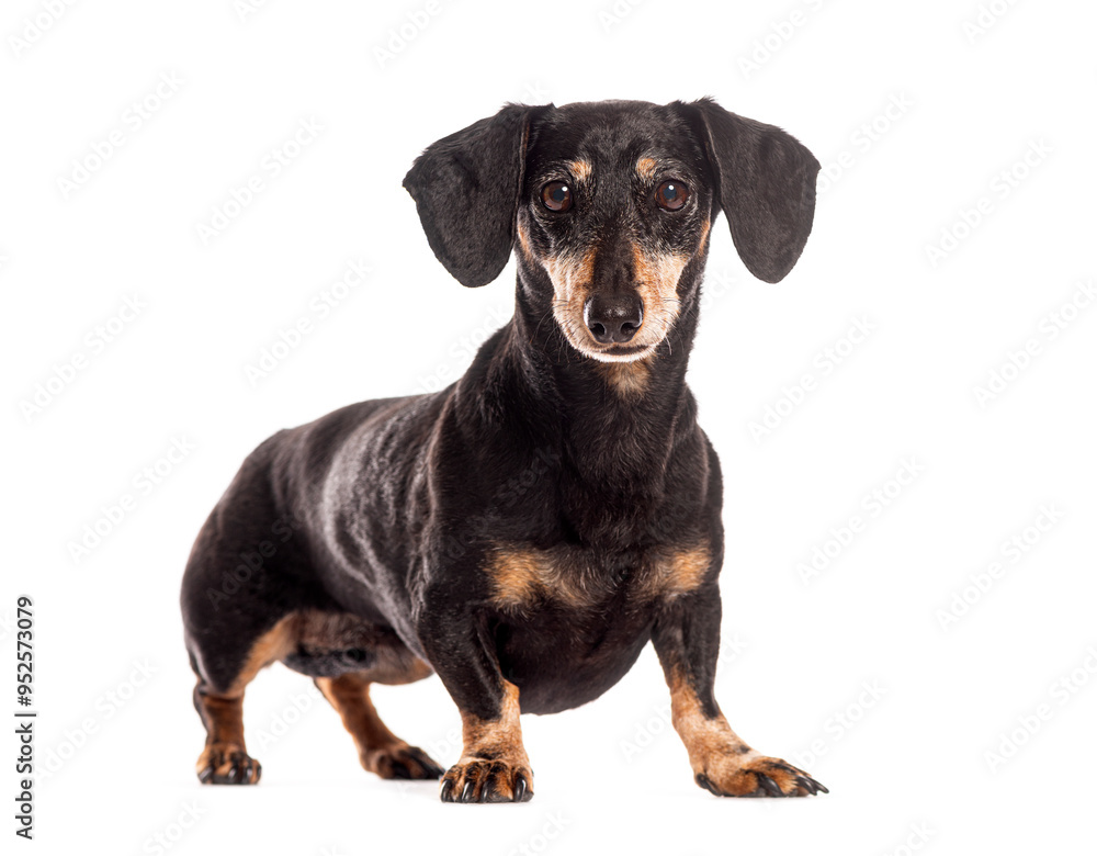 Wall mural Black and tan dachshund standing on white background