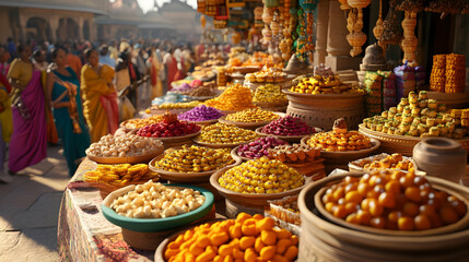 Fototapeta premium 3D Candid Vendors Selling Dussehra Sweets concept as A candid shot of vendors selling traditional sweets at a Dussehra market with colorful displays and customers enjoying the treats. The image captur