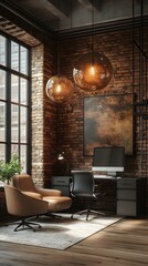 Industrial-style office with exposed brick walls, large windows, modern lighting, a desk, a computer, two chairs, and a painting on the wall.