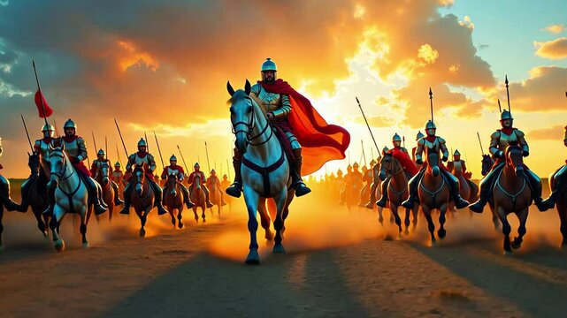 Epic Historical Battle Scene with Medieval Cavalry Charge at Sunset