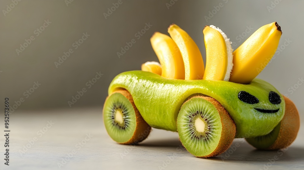 Poster closeup of an imaginative hybrid car made from a kiwi fruit with wheels constructed from bananas set