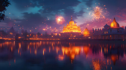 Obraz premium 3D Dussehra Fireworks Display concept as Wide shot of a Dussehra fireworks display over a temple with the glossy reflections of the colorful explosions on the water below creating a stunning visual fo