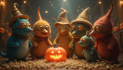 Obraz premium a group of Halloween-themed creatures gather around an old-fashioned halloween decoration, all dressed in festive cheer and goggles. The decorations are so large that they seem to shimmer and sparkle 