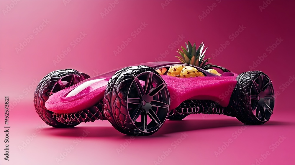 Poster closeup of a futuristic car crafted from a dragon fruit with wheels made from pineapples set against