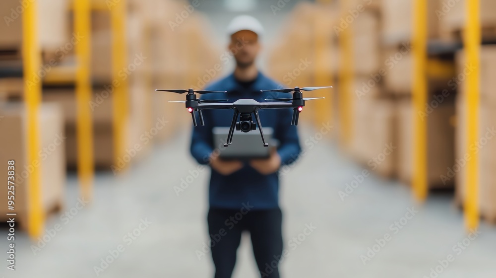 Poster a focused drone operator skillfully controls a drone in a warehouse setting, showcasing advanced tec