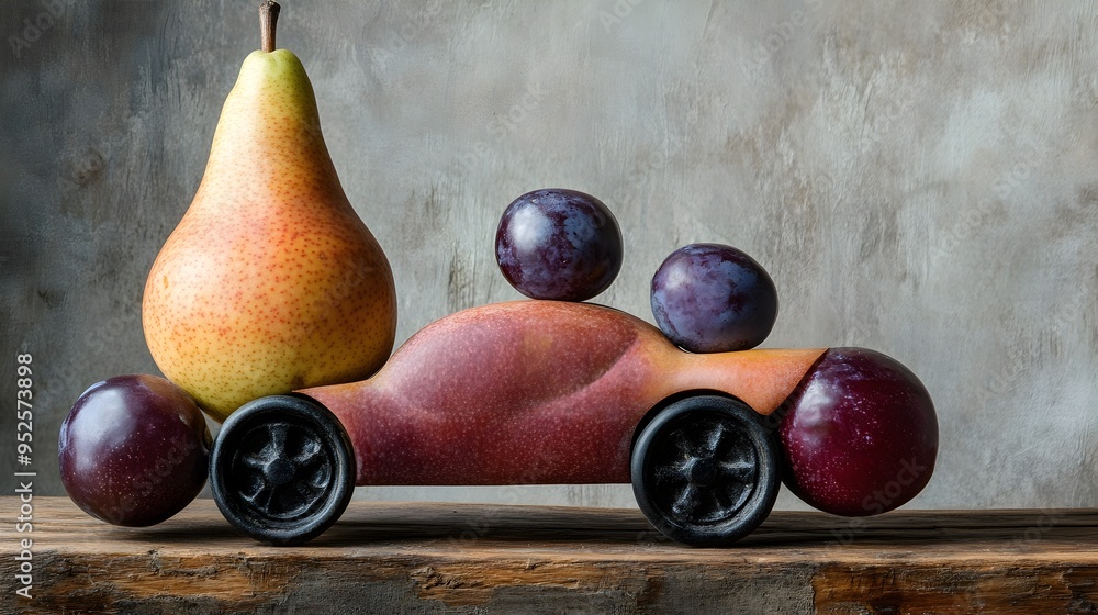 Poster closeup of a unusual car shaped fruit creation made from a pear with wheels fashioned from plums set