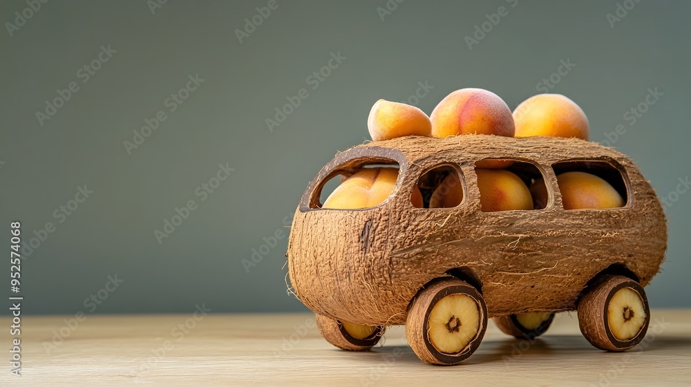 Poster closeup of an innovative and creative vehicle concept a van made from a coconut shell with wheels cr