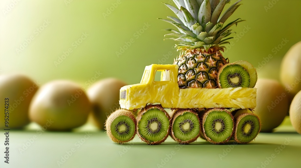 Poster closeup of a whimsical surreal pineapple truck with wheels made from kiwi fruits on an isolated back