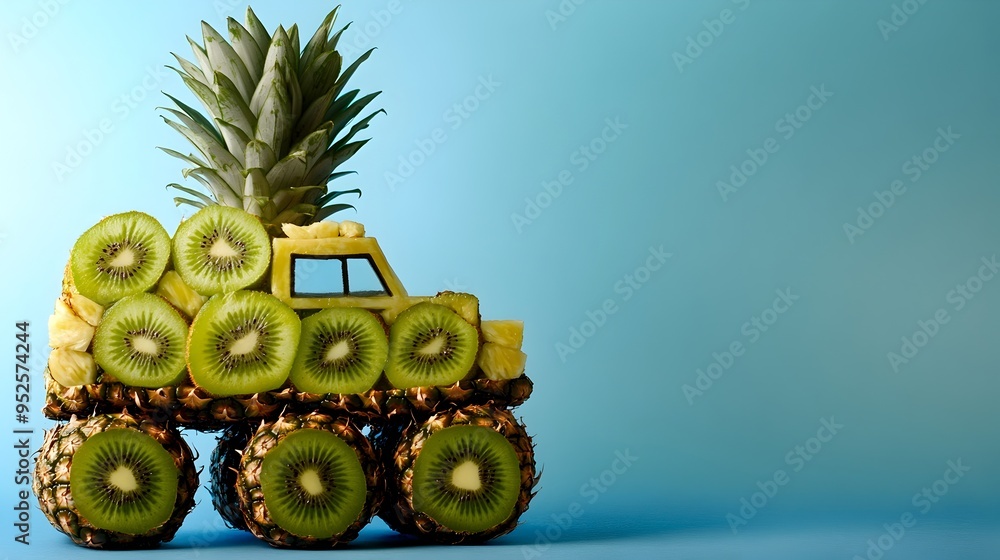 Poster closeup view of a whimsical and creative truck made from a pineapple with wheels constructed from ki