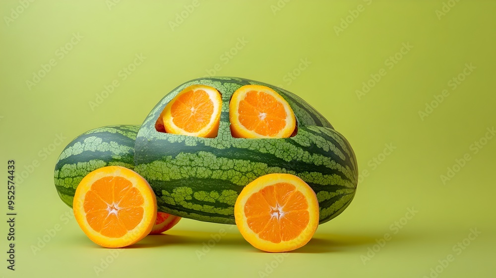 Poster closeup of a quirky and fanciful automobile made from a watermelon with wheels fashioned from orange