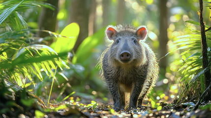 White-Lipped Peccary Foraging in Dense Pantanal Underbrush, Tropical Wildlife Scene