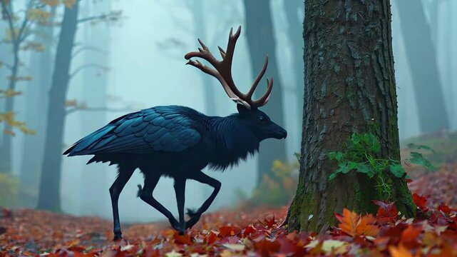 Mythical Hybrid Creature Walking in Autumn Forest