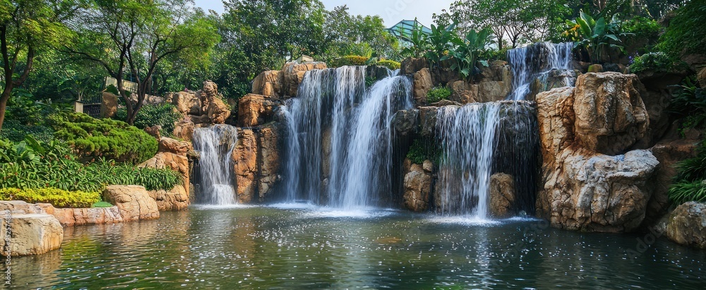 Wall mural artificial waterfall and pond in a tropical garden