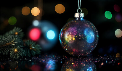 A colorful Christmas ornament on a black background with bokeh sparkles.