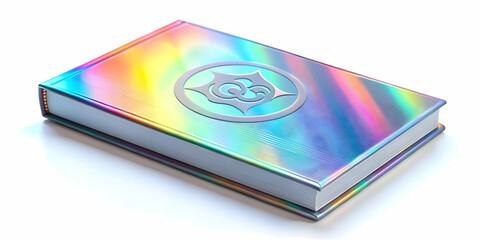Flat Holographic book with Labh Pancham symbol and copy space concept as A holographic book with the Labh Pancham symbol glowing on the cover floating above a white background. The books glossy surfac