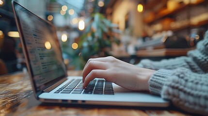 Close-up of fingers typing on a laptop in a charming café, with a background of wooden furniture and warm lighting, soft ambient light creating a relaxed and cozy atmosphere, high-definition clarity,