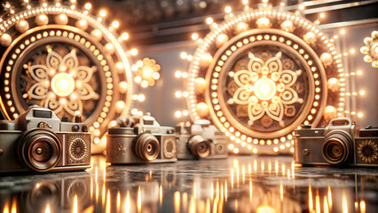 Obraz premium Neon abstract digital art of Labh Pancham prosperity with glowing symbols concept as An abstract digital art banner illustrating prosperity during Labh Pancham depicted through glowing symbols and neo