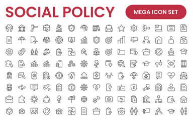 Set of Social Policy and Insuranceline icons. Outline icon collection related to education, insurance, law, goverment and more.
