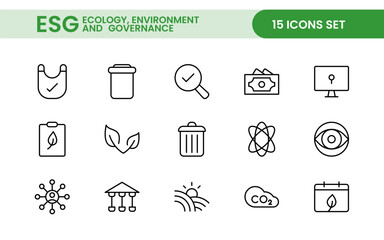 ESG flat line icon set. Outline icon collection related to ecology, environment social governance, risk management, sustainable developmen and more.