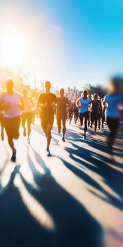 Group of people running outdoors on a street at golden hour, motion blur