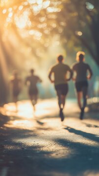 Group of people running outdoors on a sunny evening, defocused